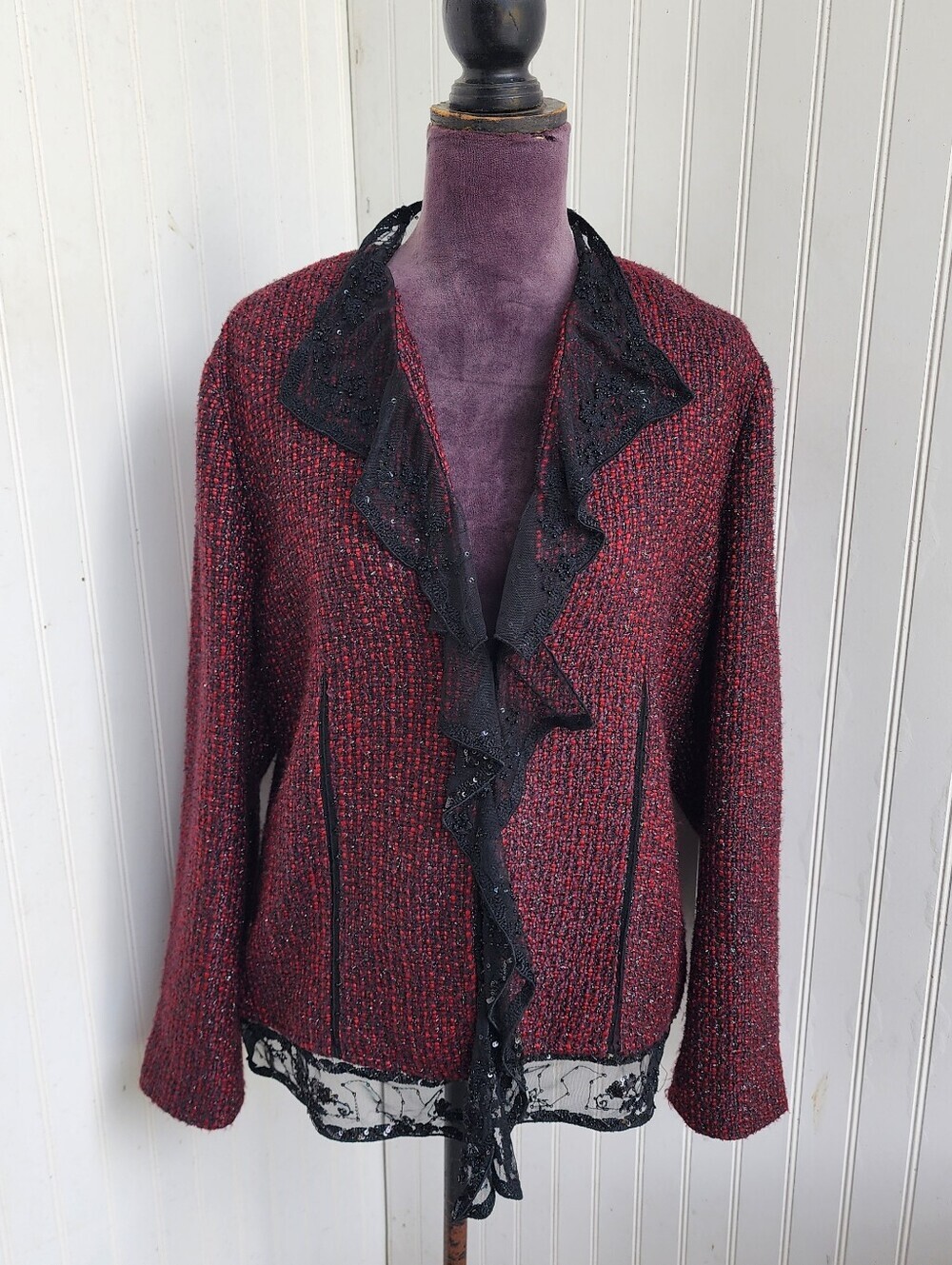 CHICOS 2 Tweed Boucle Beads Sequins Lace Ruffle Deep Red Black Lined Jacket L